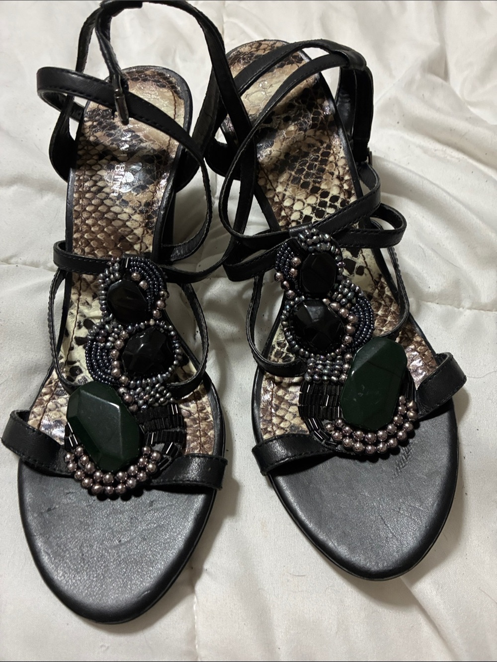 Sam Edelman Black Beaded Strappy Sandals with Green Gem Accents